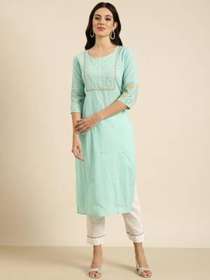 women's round neck solid sea green straight kurta and trouser 2