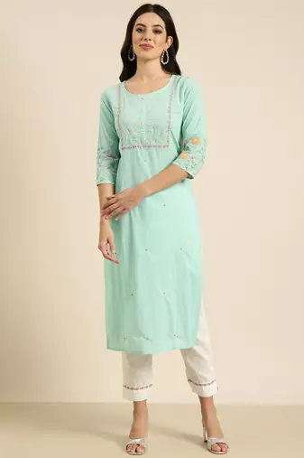 women's round neck solid sea green straight kurta and trouser