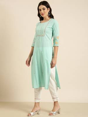 women's round neck solid sea green straight kurta and trouser 3