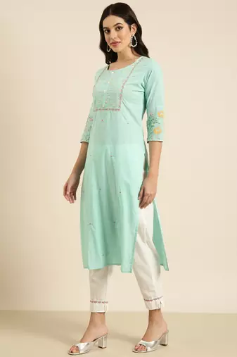 women's round neck solid sea green straight kurta and trouser