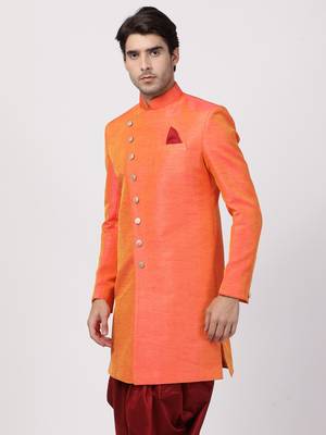 Men'S Orange Silk Blend Sherwani Only Top 2