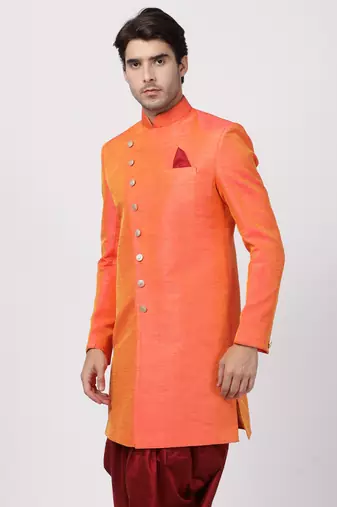 Men'S Orange Silk Blend Sherwani Only Top