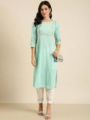 women's round neck solid sea green straight kurta and trouser 4