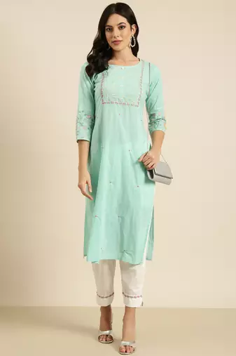 women's round neck solid sea green straight kurta and trouser