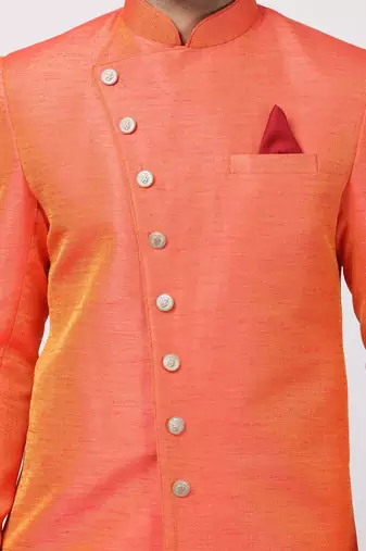 Men'S Orange Silk Blend Sherwani Only Top