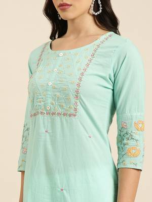 women's round neck solid sea green straight kurta and trouser 5