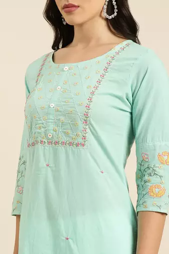 women's round neck solid sea green straight kurta and trouser