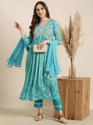 women's v-neck floral foil print blue anarkali kurta and trouser with dupatta 1
