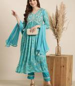women's v-neck floral foil print blue anarkali kurta and trouser with dupatta