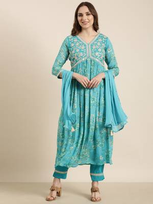 women's v-neck floral foil print blue anarkali kurta and trouser with dupatta 2