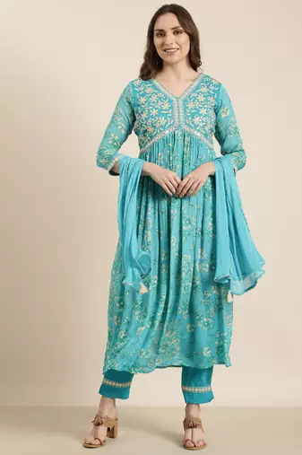 women's v-neck floral foil print blue anarkali kurta and trouser with dupatta