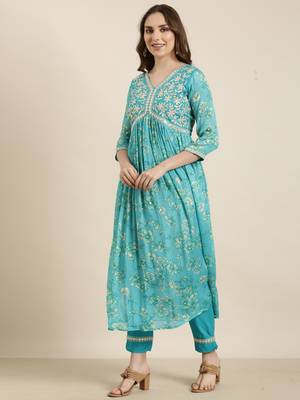 women's v-neck floral foil print blue anarkali kurta and trouser with dupatta 3