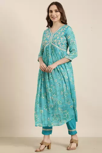 women's v-neck floral foil print blue anarkali kurta and trouser with dupatta