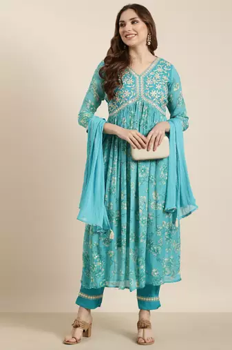 women's v-neck floral foil print blue anarkali kurta and trouser with dupatta