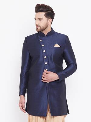 Men'S Navy Blue Silk Blend Sherwani Only Top 1