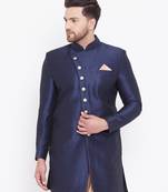 Men'S Navy Blue Silk Blend Sherwani Only Top