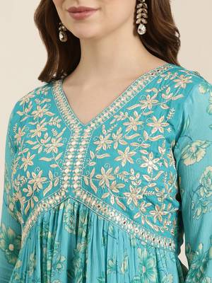 women's v-neck floral foil print blue anarkali kurta and trouser with dupatta 5