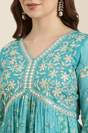 women's v-neck floral foil print blue anarkali kurta and trouser with dupatta