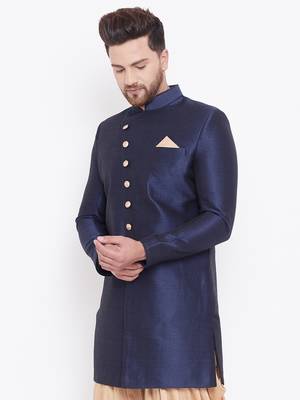 Men'S Navy Blue Silk Blend Sherwani Only Top 2