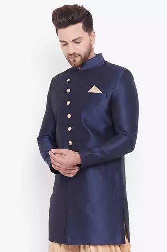 Men'S Navy Blue Silk Blend Sherwani Only Top