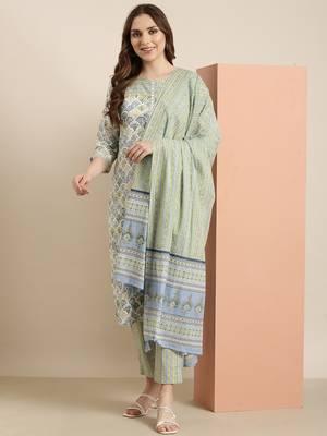 women's round neck floral block print green straight kurta and trouser with dupatta 1