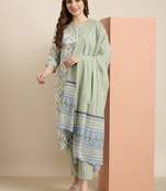 women's round neck floral block print green straight kurta and trouser with dupatta