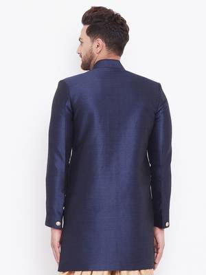 Men'S Navy Blue Silk Blend Sherwani Only Top 3