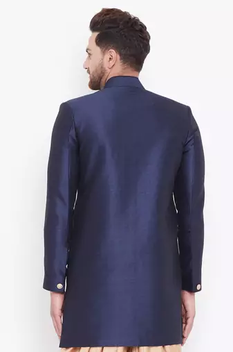 Men'S Navy Blue Silk Blend Sherwani Only Top