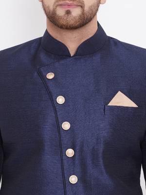 Men'S Navy Blue Silk Blend Sherwani Only Top 4