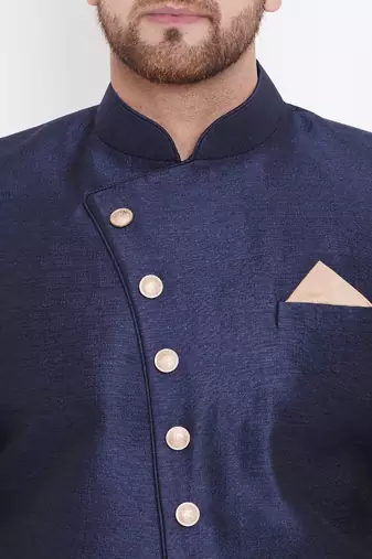 Men'S Navy Blue Silk Blend Sherwani Only Top