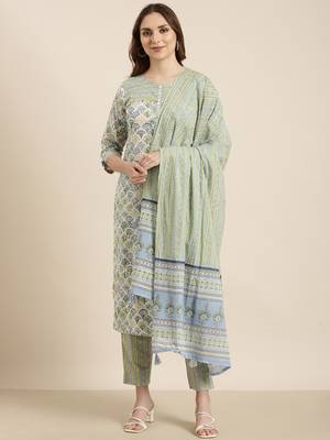 women's round neck floral block print green straight kurta and trouser with dupatta 2