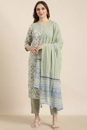 women's round neck floral block print green straight kurta and trouser with dupatta
