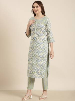 women's round neck floral block print green straight kurta and trouser with dupatta 3