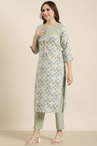 women's round neck floral block print green straight kurta and trouser with dupatta
