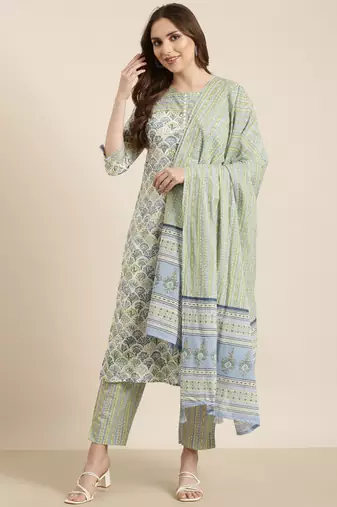 women's round neck floral block print green straight kurta and trouser with dupatta