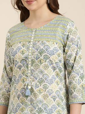 women's round neck floral block print green straight kurta and trouser with dupatta 5