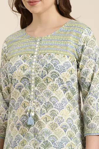 women's round neck floral block print green straight kurta and trouser with dupatta