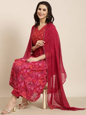 women's v-neck floral foil print pink anarkali kurta and trouser with dupatta 1