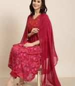 women's v-neck floral foil print pink anarkali kurta and trouser with dupatta