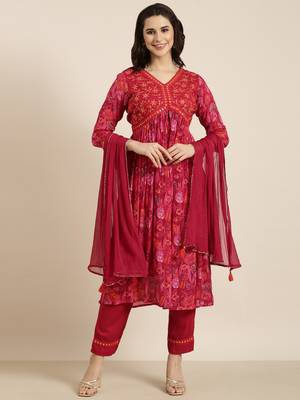 women's v-neck floral foil print pink anarkali kurta and trouser with dupatta 2