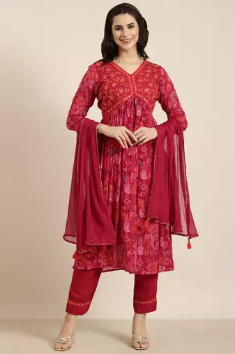 women's v-neck floral foil print pink anarkali kurta and trouser with dupatta