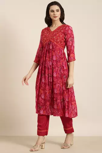 women's v-neck floral foil print pink anarkali kurta and trouser with dupatta