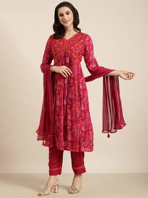 women's v-neck floral foil print pink anarkali kurta and trouser with dupatta 4