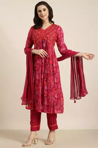 women's v-neck floral foil print pink anarkali kurta and trouser with dupatta