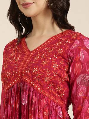 women's v-neck floral foil print pink anarkali kurta and trouser with dupatta 5