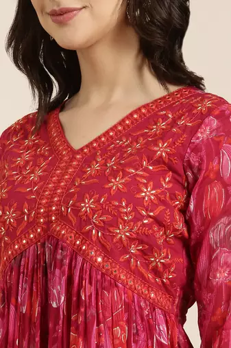 women's v-neck floral foil print pink anarkali kurta and trouser with dupatta