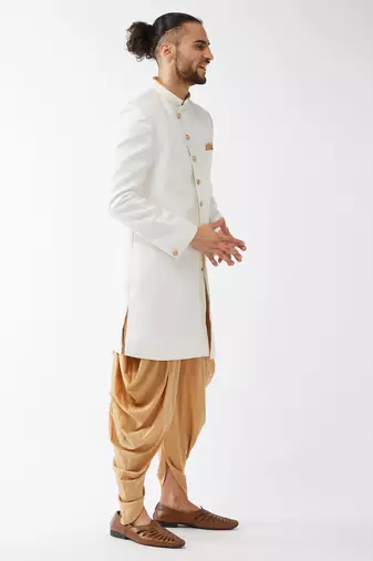 Men'S White Polyester Lurex Blend Sherwani Only Top