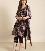 women's v-neck floral foil print purple straight kurta and trouser with dupatta