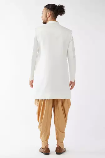 Men'S White Polyester Lurex Blend Sherwani Only Top