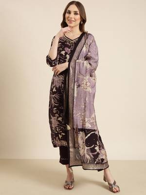 women's v-neck floral foil print purple straight kurta and trouser with dupatta 2